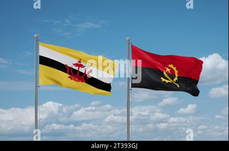 Le bandiere del Brunei e dell'Angola sventolano insieme nel vento su un cielo nuvoloso blu Foto Stock