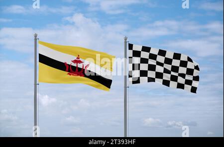 Gare a scacchi e bandiere del Brunei che sventolano insieme su un cielo nuvoloso blu, due concetti di relazione country Foto Stock