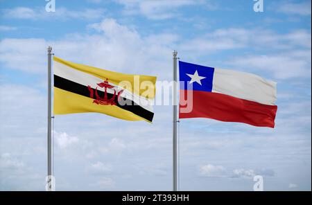 Cile e Brunei bandiere che sventolano insieme su un cielo nuvoloso blu, concetto di relazione tra due paesi Foto Stock