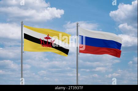 Le bandiere della Federazione Russa e del Brunei sventolano insieme nel vento su un cielo nuvoloso blu Foto Stock
