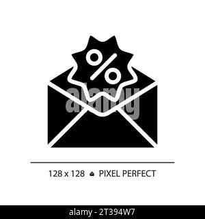 Icona del messaggio di sconto in stile glifo solido 2D. Illustrazione Vettoriale