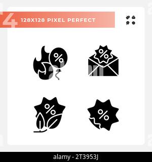 Set di icone di sconti perfezionamento pixel stile glifo Illustrazione Vettoriale