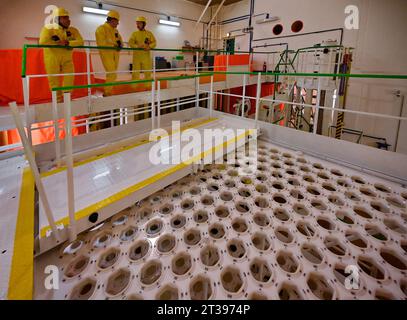 Stoccaggio di combustibile fresco con barre di combustibile PK3 di nuova generazione con il cosiddetto involucro aperto, che verrà caricato nel reattore per la prima volta durante la chiusura programmata dell'unità 4 della centrale nucleare di Dukovany, collegata alla sostituzione e alla manutenzione del combustibile e che dovrebbe durare fino alla fine dell'anno, Dukovany, distretto di Trebic, regione di Vysocina, nella foto del 23 ottobre 2023. Questa è l'ultima interruzione di Dukovany quest'anno. Le restanti tre unità continuano a funzionare. In primo piano, i serbatoi di stoccaggio per le nuove celle a combustibile. (Foto CTK/Lubos Pavlicek) Foto Stock