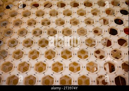 Stoccaggio di combustibile fresco con barre di combustibile PK3 di nuova generazione con il cosiddetto involucro aperto, che verrà caricato nel reattore per la prima volta durante la chiusura programmata dell'unità 4 della centrale nucleare di Dukovany, collegata alla sostituzione e alla manutenzione del combustibile e che dovrebbe durare fino alla fine dell'anno, Dukovany, distretto di Trebic, regione di Vysocina, nella foto del 23 ottobre 2023. Questa è l'ultima interruzione di Dukovany quest'anno. Le restanti tre unità continuano a funzionare. Nella foto sono illustrate le pile delle nuove celle a combustibile. (Foto CTK/Lubos Pavlicek) Foto Stock