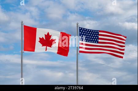 Bandiere USA e Canada che sventolano insieme nel vento su un cielo nuvoloso blu, concetto di relazione tra due paesi Foto Stock