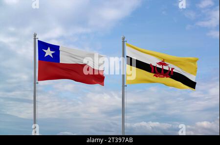 Le bandiere del Brunei e del Cile sventolano insieme su un cielo nuvoloso blu, concetto di due relazioni tra paesi Foto Stock