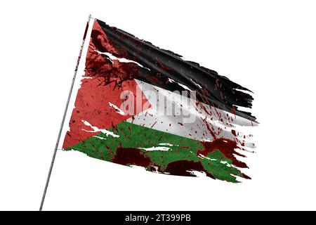 Bandiera della Palestina strappata su sfondo trasparente con macchie di sangue. Foto Stock