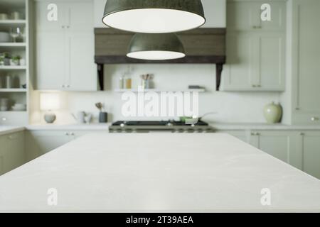 Sfondo della cucina sfocato con elettrodomestici e utensili da cucina con enfasi sul ripiano Foto Stock