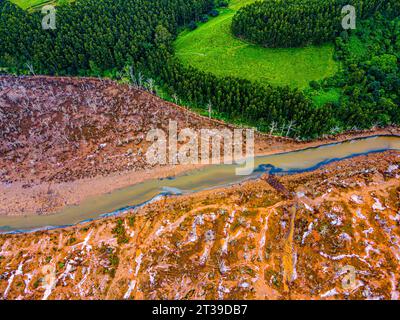 Cattura con droni di un paesaggio contrastante, che mostra una fitta foresta verde adiacente a un'area fangosa deforestata con uno stretto fiume in mezzo Foto Stock