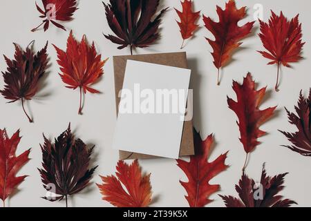 Composizione autunnale. Rosso colorato, quercia cremisi e foglie di acero isolate su sfondo bianco. Biglietto d'auguri vuoto, modello di invito per Halloween Foto Stock