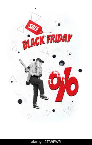 Foto creativa 3d collage picture baseball bat anziano rompe il simbolo percentuale il Black friday inizia oggi isolato su sfondo bianco Foto Stock