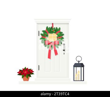 Graziosa porta d'ingresso bianca con corona di Natale, isolata su sfondo bianco. Design esterno per la casa. Stile piatto Cartoon. Illustrazione vettoriale Illustrazione Vettoriale