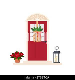 Graziosa porta d'ingresso rossa con decorazioni natalizie, isolata su sfondo bianco. Design esterno per la casa. Stile piatto Cartoon. Illustrazione vettoriale Illustrazione Vettoriale