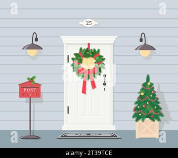 Graziosa porta d'ingresso bianca con corona di Natale, lanterne, albero di Natale e cassetta postale. Design esterno per la casa. Stile piatto Cartoon. Illustrazione vettoriale Illustrazione Vettoriale