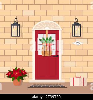 Graziosa porta d'ingresso rossa con decorazioni natalizie, lanterna, regalo e poinsettia. Design esterno per la casa. Stile piatto Cartoon. Illustrazione vettoriale Illustrazione Vettoriale