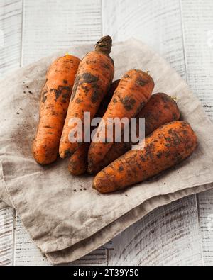 Carote sporche su sfondo di legno bianco. Verdure, raccolta. Foto Stock
