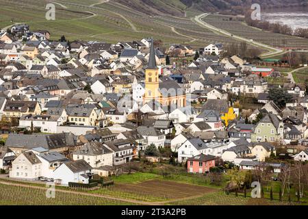 Leiwen, Germania. 11 marzo 2023. Una vista sul comune di Trittenheim, situato nella famosa regione tedesca della Mosella, dove viene prodotto il vino Riesling. Il villaggio produce vino ottenuto dal vitigno Riesling. Ogni anno si svolge un festival del vino, che è una grande attrazione per i turisti. Il fiume Mosella è un tributo sulla riva occidentale del fiume Reno, che scorre per 545 km attraverso la Francia nord-orientale e la Germania occidentale. Il fiume entra in Germania e scorre oltre Treviri fino alla sua confluenza con il Reno a Coblenza. Credito: SOPA Images Limited/Alamy Live News Foto Stock