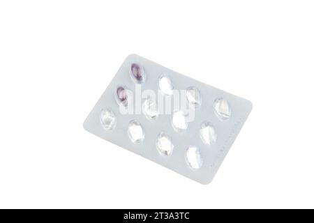 compressa di farmaco sigillata su sfondo bianco Foto Stock