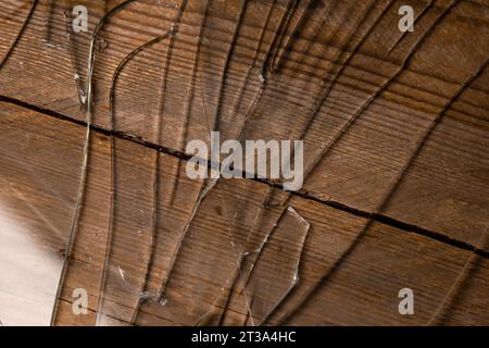 Vetro rotto su un vecchio pavimento di legno, concetto di violenza Foto Stock