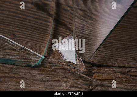 Vetro rotto su un vecchio pavimento di legno, concetto di violenza Foto Stock