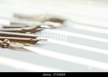 punte metalliche per la penna su sfondo bianco a raggi solari. cancelleria sulla scrivania bianca, vista dall'alto. lezioni di ortografia ed esercizi di caligrafia. Foto Stock