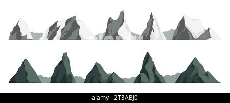 Elementi del paesaggio roccioso. Cime montuose, rocce innevate e scogliere, paesaggi alpini verdi con cime innevate e rocce scoscese. Illustrazione della serie di picchi di montagna isolati dal vettore Illustrazione Vettoriale