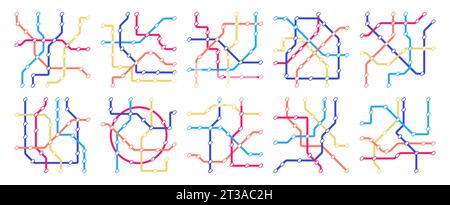 Mappa della metropolitana. Collegamento e direzione della metropolitana, trasporto pubblico di massa e stazione. Collezione vettoriale di mappe metropolitane sotterranee Illustrazione Vettoriale