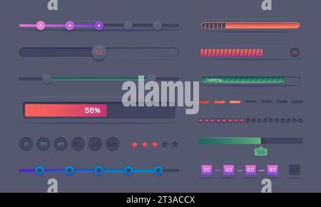 Barra di avanzamento impostata. Indicatori di carico rotondi e quadrati, telai di indicatori con numero di fasi, elementi della schermata di caricamento. Insieme di elementi dell'interfaccia utente moderna vettoriale dell'illustrazione del caricamento della barra di avanzamento Illustrazione Vettoriale