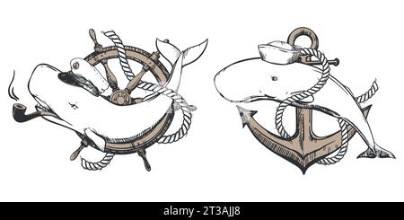 Un cappellino bianco con un capitano e una cachalot in un marinaio panama. Un'illustrazione creativa di una balena intrecciata con una corda su un'ancora e shr Illustrazione Vettoriale