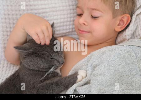 Ritratto del divertente piccolo ragazzo Cuddling Gray Kitten sdraiato in un letto. Concetto di animali domestici e bambini. Young Cat e Happy Smiling Kid dormono insieme a casa. Foto Stock