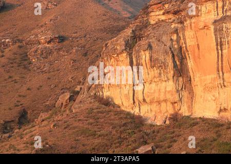 Grande e alta scogliera con luce solare; Brandwag Buttress impressionanti formazioni di arenaria rocciose Mountain Golden Gate Highlands National Park Foto Stock