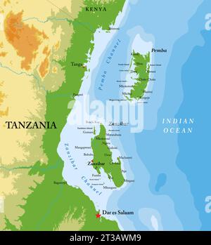 Mappa fisica altamente dettagliata delle isole di Zanzibar e Pemba in formato vettoriale, con tutte le forme di rilievo, le regioni e le grandi città. Illustrazione Vettoriale