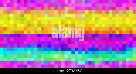 Sfondo mosaico astratto pixel rainbow. Gradiente multicolore con retinatura. Illustrazione Vector a 16 bit in stile retrò. Ripetizione orizzontale senza cuciture Illustrazione Vettoriale