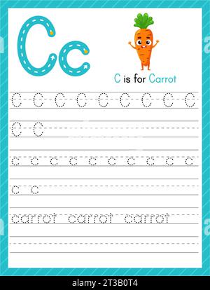 Traccia lettera C maiuscola e minuscola. Foglio di lavoro per la pratica del tracciamento dell'alfabeto in età prescolare per i bambini che imparano l'inglese con carota dei cartoni animati. Pagina attività per Illustrazione Vettoriale
