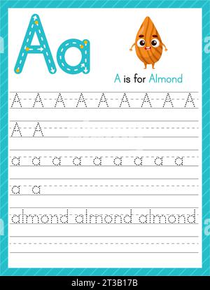Tracciare la lettera A maiuscola e minuscola. Foglio di lavoro per la pratica del tracciamento dell'alfabeto in età prescolare per i bambini che imparano l'inglese con le mandorle dei cartoni animati. Pagina attività per Illustrazione Vettoriale