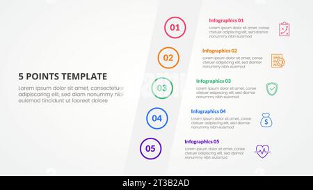 concetto infografico del modello di fase a 5 punti per presentazioni con contenuti inclinabili lateralmente in verticale con elenco a 5 punti con vettore di stile piatto Foto Stock