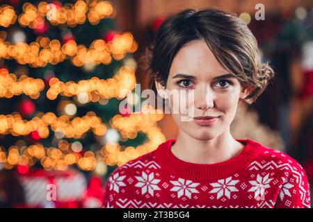 Ritratto di primo piano di una donna divertente che indossa maglione rosso atmosfera di festa di Capodanno invernale rilassati allegro albero di natale 2024 isolato all'interno di casa Foto Stock