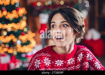 Ritratto di una giovane ragazza sorpresa stupita magia del sogno di Capodanno favola wow omg Reaction festa isolata sullo sfondo di casa Foto Stock