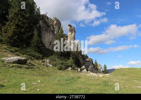 Vista di una bizzarra formazione rocciosa a Penkenberg e del verde prato di montagna contro il cielo azzurro nuvoloso, Austria Foto Stock