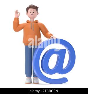 Illustrazione 3D dell'uomo d'affari sorridente Qadir con un simbolo e-mail. concetto aziendale e di contatto. Rendering 3D su sfondo bianco. Foto Stock