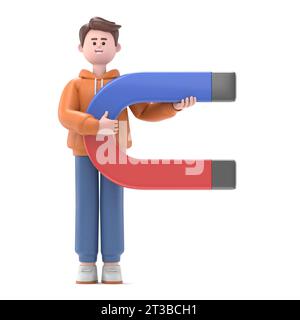 Illustrazione 3D dell'uomo d'affari sorridente Qadir in piedi con un magnete in mano. immagine 3d. Rendering 3D su sfondo bianco. Foto Stock