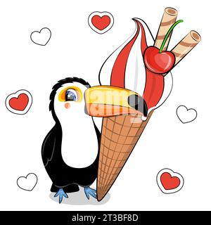 Il carino toucan dei cartoni animati contiene un grande gelato. Illustrazione vettoriale di animali estivi su sfondo bianco con cuori rossi. Illustrazione Vettoriale