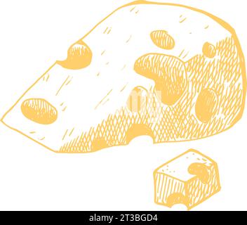 Acquerello formaggio svizzero triangolo emmental formaggio con fori. Deliziosa illustrazione disegnata a mano su sfondo bianco. Perfetto Illustrazione Vettoriale