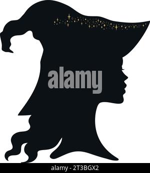 Giovane strega con silhouette a cappello e stelle. Illustrazione vettoriale isolata su sfondo bianco Illustrazione Vettoriale