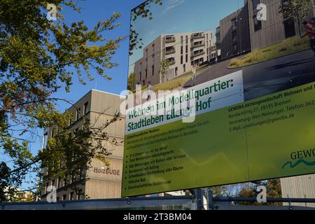 IM Bremer Stadtteil Osterholz entsteht ein neues klimafreundliches Wohnviertel namens Stadtleben Ellener Hof, das auch als Sozial-ökologisches Modellquartier bezeichnet wird. Unter der Regie der Bremer Heimstiftung werden hier rund 500 neue Wohneinheiten für Familien, Senioren, Studierende, Singles oder Menschen mit Beeinträchtigungen gebaut. ALS Baumaterial wird vor allem Holz verwendet Holz-Hybrid-Bauweise. Die Gebäude gelten als Effizienzhäuser nach dem KfW-40-Standard. Wohnen sollen hier Menschen unterschiedlicher Generationen, Kulturen und Religionen, öffentlich gefördert, zur Miete oder Foto Stock