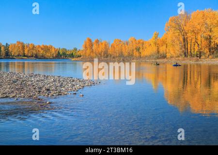 i diportisti e i colori autunnali lungo il fiume flathead a columbia falls, montana Foto Stock