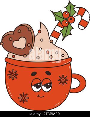 Tazza di cacao rosso retrò natalizio con pan di zenzero e bastoncino di caramello. 60 -70s vibra un carattere ruvido. Buon Natale e felice anno nuovo Illustrazione Vettoriale