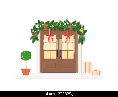 Graziosa doppia porta d'ingresso con ghirlanda di Natale isolata su sfondo bianco. Design esterno per la casa. Stile piatto Cartoon. Illustrazione vettoriale Illustrazione Vettoriale