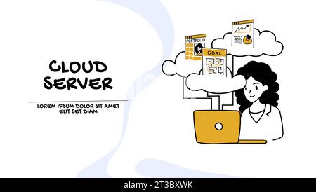 Concetto di server cloud e backup dei dati. Vettore di una giovane donna che lavora su un computer portatile utilizzando servizi cloud Illustrazione Vettoriale