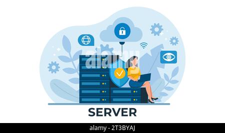 Vettore di una giovane donna che utilizza un computer portatile e una connessione server sicura Illustrazione Vettoriale